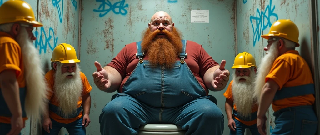 a very fat man, with construction helmet, he is sitting on a toilet in a chemical toilet, he is inside the cabin, he&#39;s wide-eyed, he has a medium red beard, (he has his hands open with the palm facing up making the shrug expression:2.0), (shrug:2.0), he is red with shame, realisitic, epic scene, ultra detaild, detailed ambient, dirty and peeling walls, blue walls with graffiti designs, the other employees line up to use the bathroom indignantly and angrily,(split-screen:2.0), (corte transversal:2.0), out of the bathroom: (((the seven dwarfs line up to use the bathroom, indignant and angry at her))), (The door is closed:2.0), (split-screen:2.0), (corte transversal:2.0), (scene cut:2.0), imagem realisitic e super detalhada, each expression is detailed, imagem realisitic, the dwarves are furious,live action, life like,
