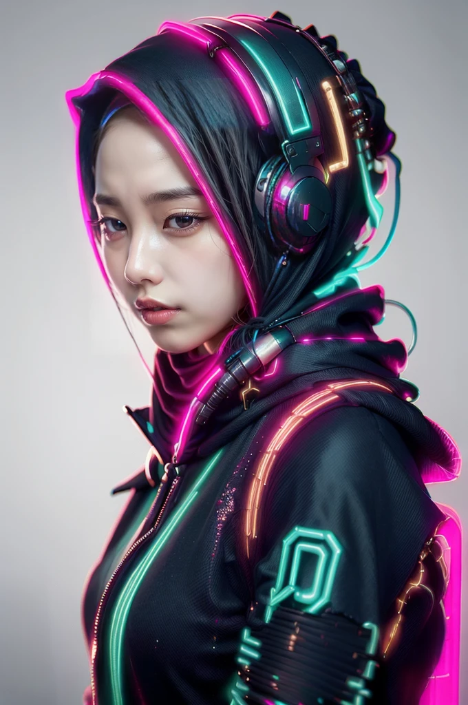 ((closeup: 1.3)), (Neon Cyberpunk Hijab: 1.5), [Style: Neon Cyberpunk: 1.3], (RAW Photos: 1.2), (Perfect Eyes: 1.5)),  (Photorealistic: 1.4), (Masterpieces: 1.3), (Best Quality: 1.4), Dreamy, (Detailed Eyes), (Detailed Facial Features), ( (8k:1.27), best quality, masterpiece, Hijab hair, ultra highres:1.2) Photo of Pretty woman (beautiful:1.1) (sci-fi woman:1.1), (Hijab cloak: 1.61) (Hijab leather Coat:1.21) intricate elegant, fantasy, detailed, ometric by greg rutkowski and alphonse mucha, gradient lighting