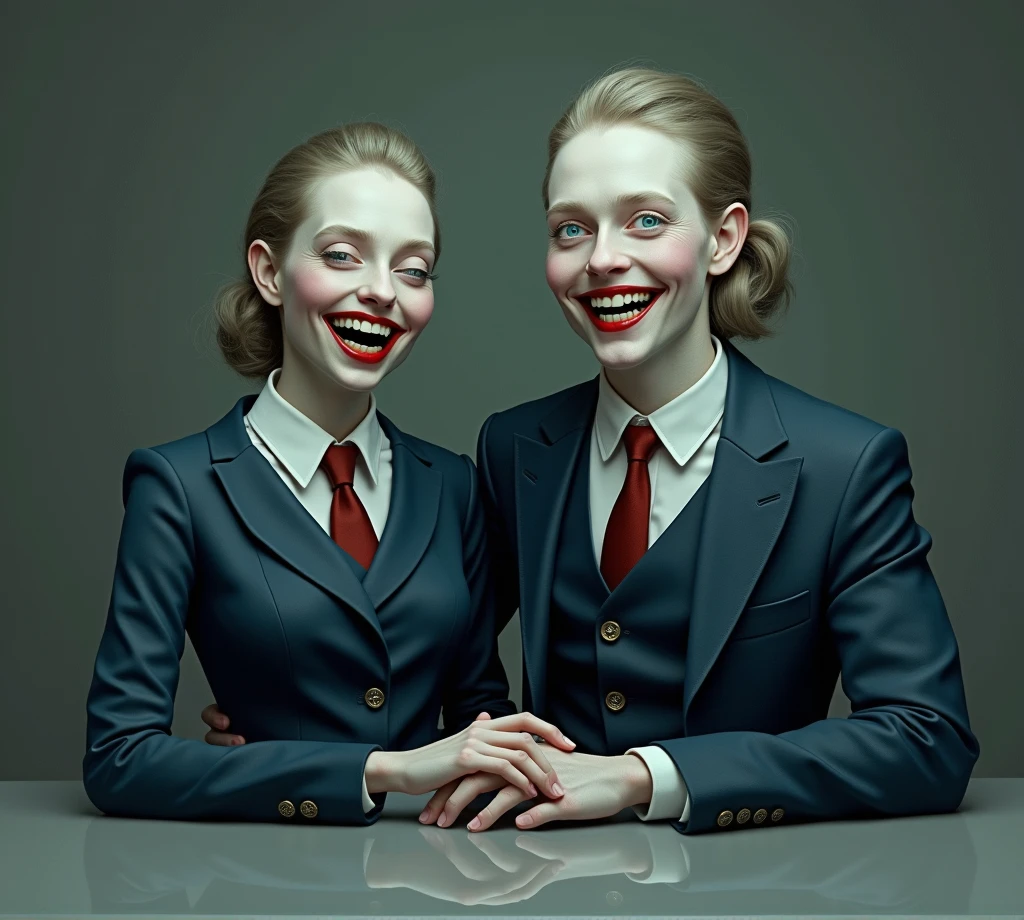 unrealistic man and woman in formal image, Grinning, both wearing dark blue clothing, white and red, behind a gray service counter.