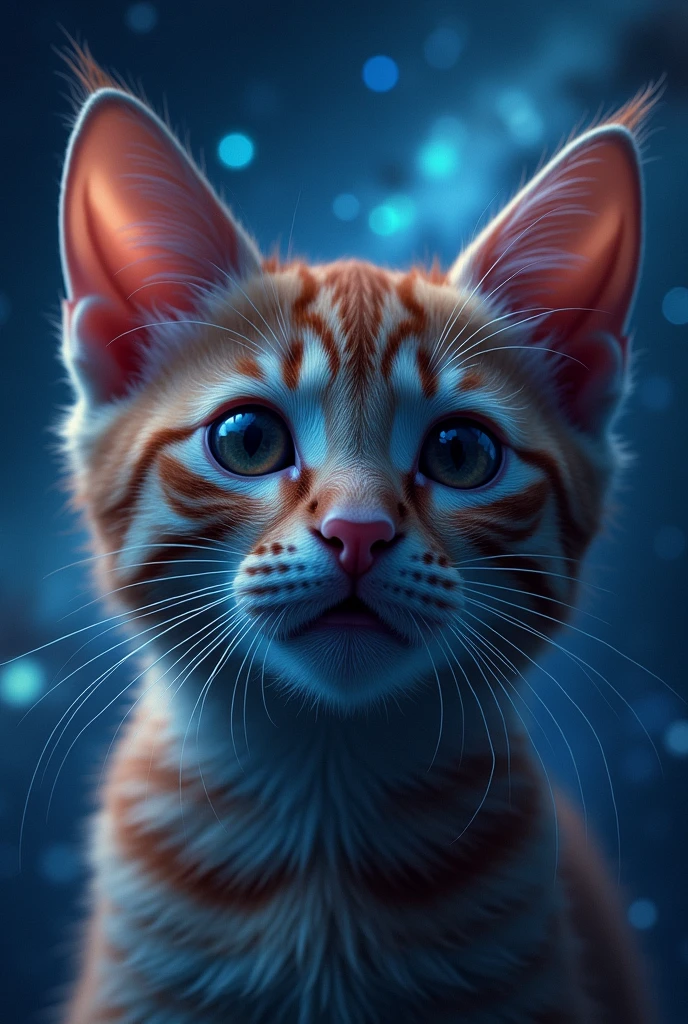 Close-up of a cat face, outer space in the background (stars and galaxies shining beautifully), space cat, large "!?" on the screen is written in large letters on the screen,