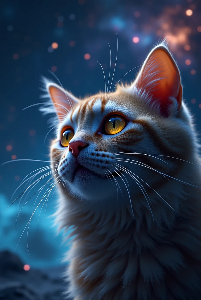 Close-up of a cat face, outer space in the background (stars and galaxies shining beautifully), space cat, large "!?" on the screen is written in large letters on the screen,