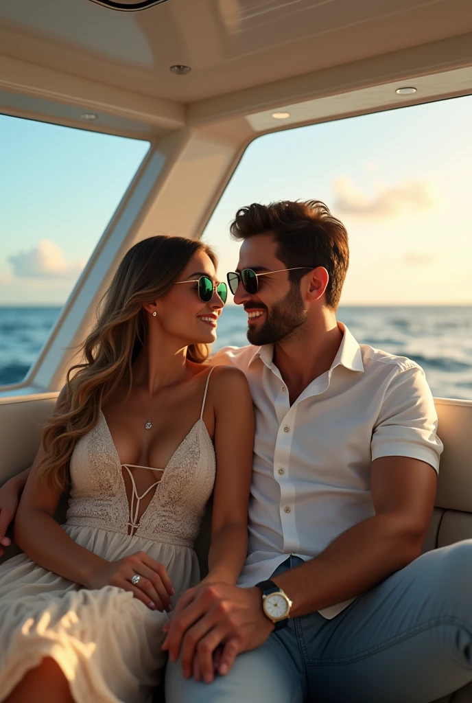 (Photorealism:1.1) a couple man dark brown hair and brown eyes together with a woman blonde green eyes long hair in dentro de um yatch usando óculos Rayban e um IWC portuguese e os dois usando aliança de casamento e elacom solitário de diamante 8k ultra realistic super detailed