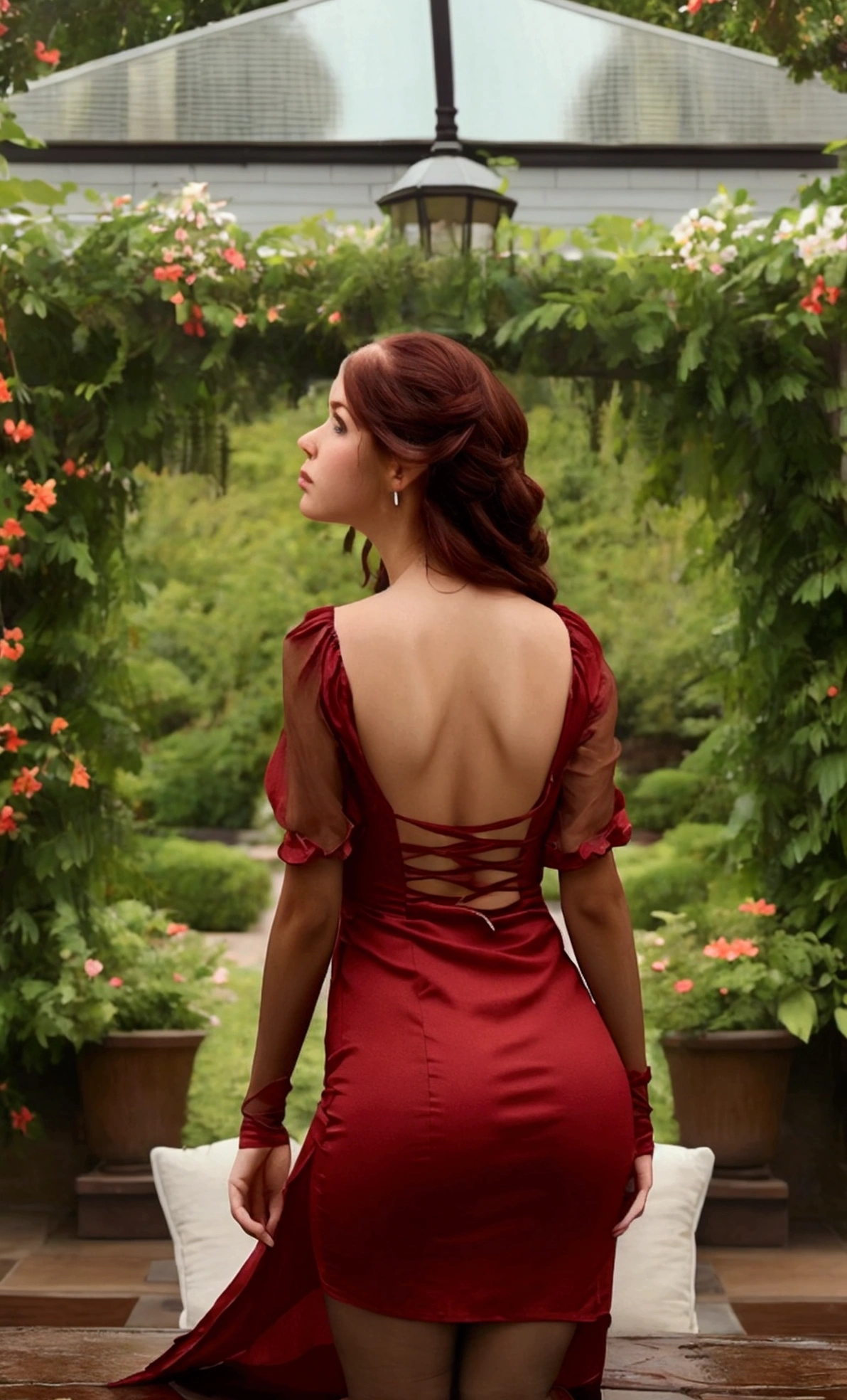 Highest quality masterpiece High resolution One person Bourbon dress ((Big Breasts)) garden aesthetic expression Drizzle Look back here