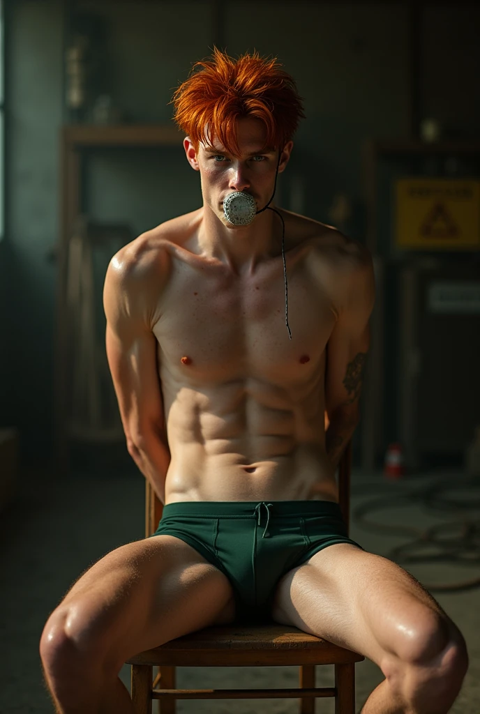 Young redhead man, 20 years old, hot, twink, wet hair, freckles on his face, wearing only a dark green boxer briefs, sitting on a wooden chair, arms tied behind his back, legs open, gagged, in a dimly lit warehouse, cinematic lighting, cinematic angle, best quality, masterpiece, perfect anatomy, highres, ultra-detailed, 8k, detail, unique, aesthetics, HDR, Photorealistic, Hyperrealistic, Hyperdetailed, analog style, soft lighting, subsurface scattering