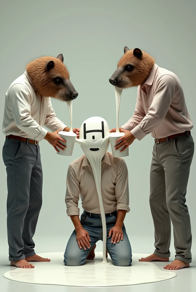 I want you to create an image with a man from India, with a mask of "h" (literal a mask of h) who is kneeling. Then I want 2 other men (ONE MUST HAVE A REALISTIC CAPYBARA MASK, AND THE OTHER MUST HAVE A MASK THAT SAYS "Gravity") pouring a lot of milk on the man with the mace "h".... that the image reflects what was described verbatim and that it is a realistic image.... dije que el hombre con mascara de h debe de ser cubierto por los otros 2 hombres.
