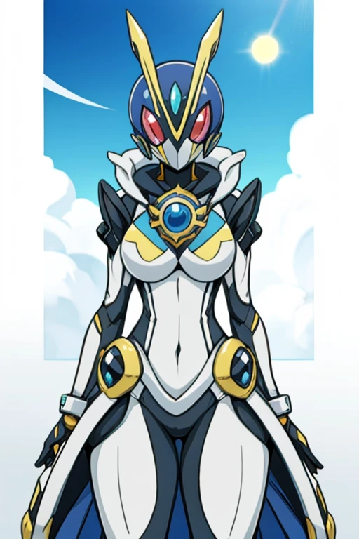 1girl,sexrobot,robot, robot joints,huge breasts,wide hips,thick thighs,blush,standing,science fiction,pink eyes,pussy,mechanical skirt ,mechanical wings,cleft of venus,(happy),smile,half-closed eyes,(cowbot shot),sky,blue skin