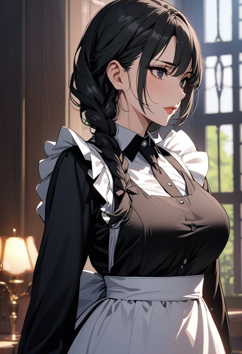 girl, mature, black hair, black eyes, beautiful, beautiful eyes, beautiful color, beautiful background, high detail, low double plait hair, maid, Arrogant