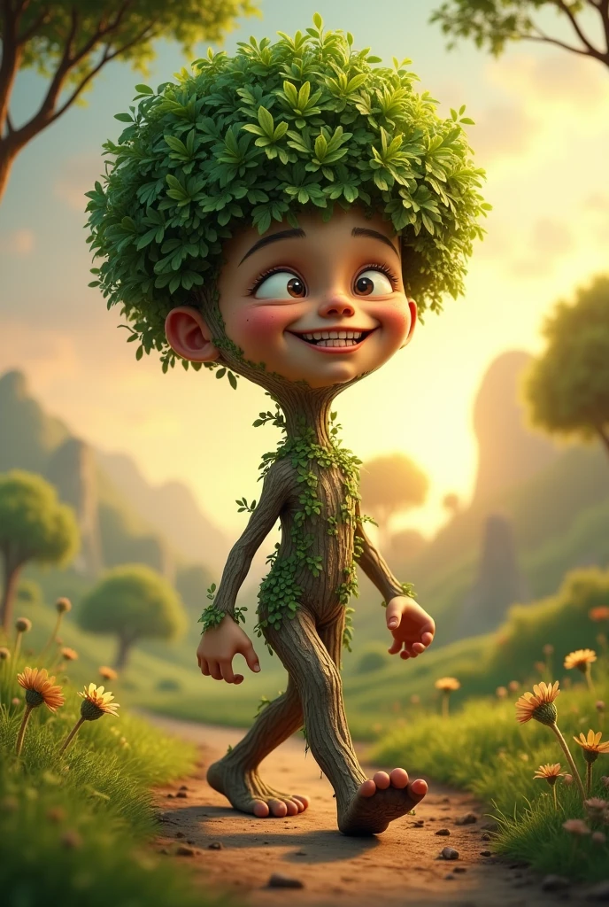 Tree having human feet but not looking human and walking nd smiling kiddish