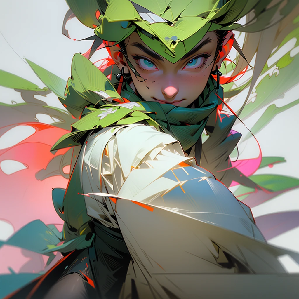 Image of young man, with perfect face, green samurai style hat covering the face, perfect smile, Facing the photo, with a perfect nose without defects, strong neck and shoulders, fine and perfect details, realistic image ckm many details and perfect forest background.