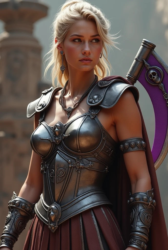 woman character, Slim and muscular, with light blonde hair and gray eyes, wears full Greek armor, without showing belly and arms ,for war, with pants and a double-edged sickle, purple in color and with skull details, the character has several scars