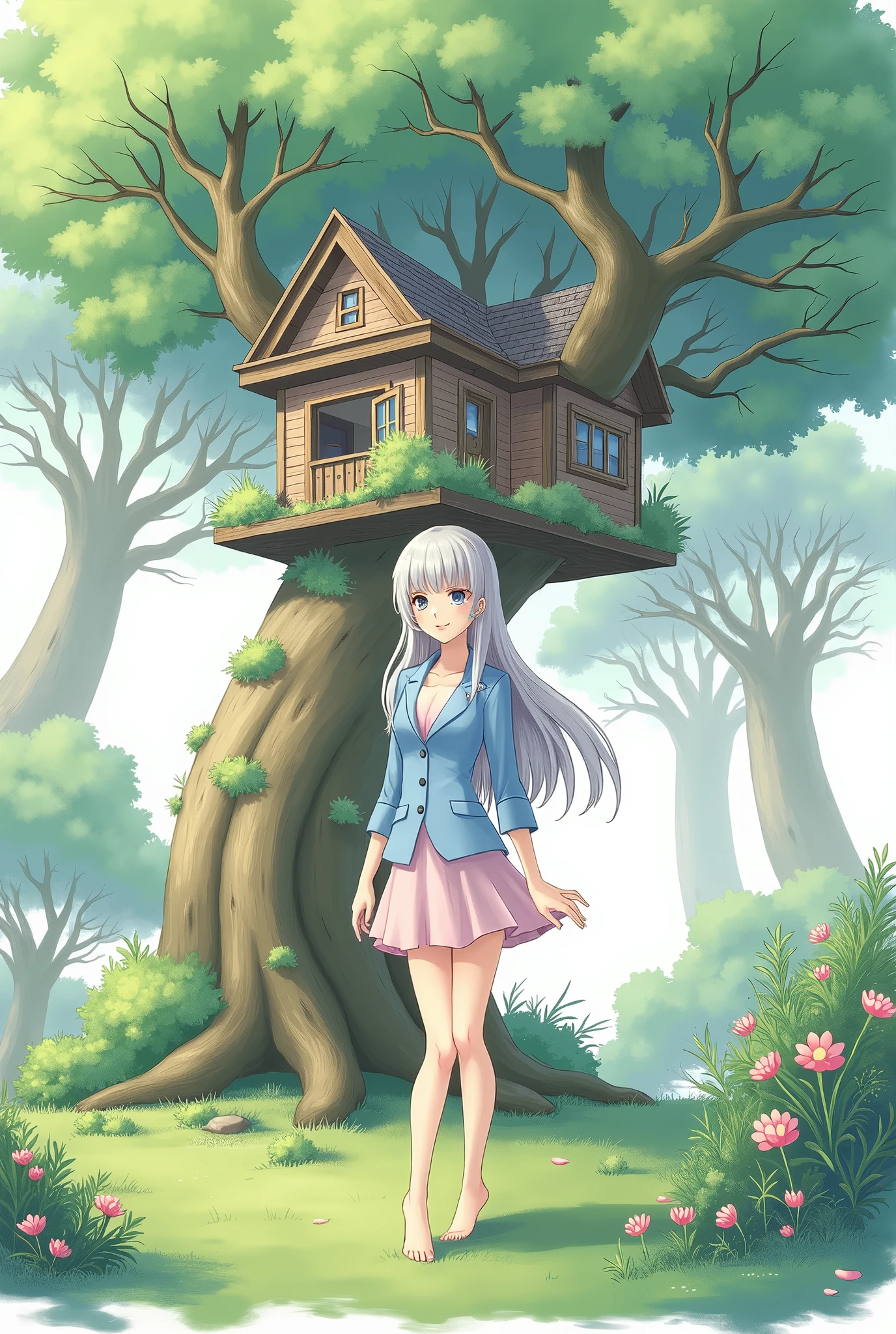 Garden of tree house in forest, A silver-haired woman wears a light blue suit top and a light pink three-quarter skirt。
long hair, simple background, illustration, 