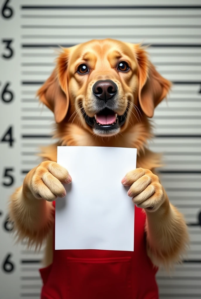 golden retriever in red overalls taking photo sideways holding paper in police mugshot