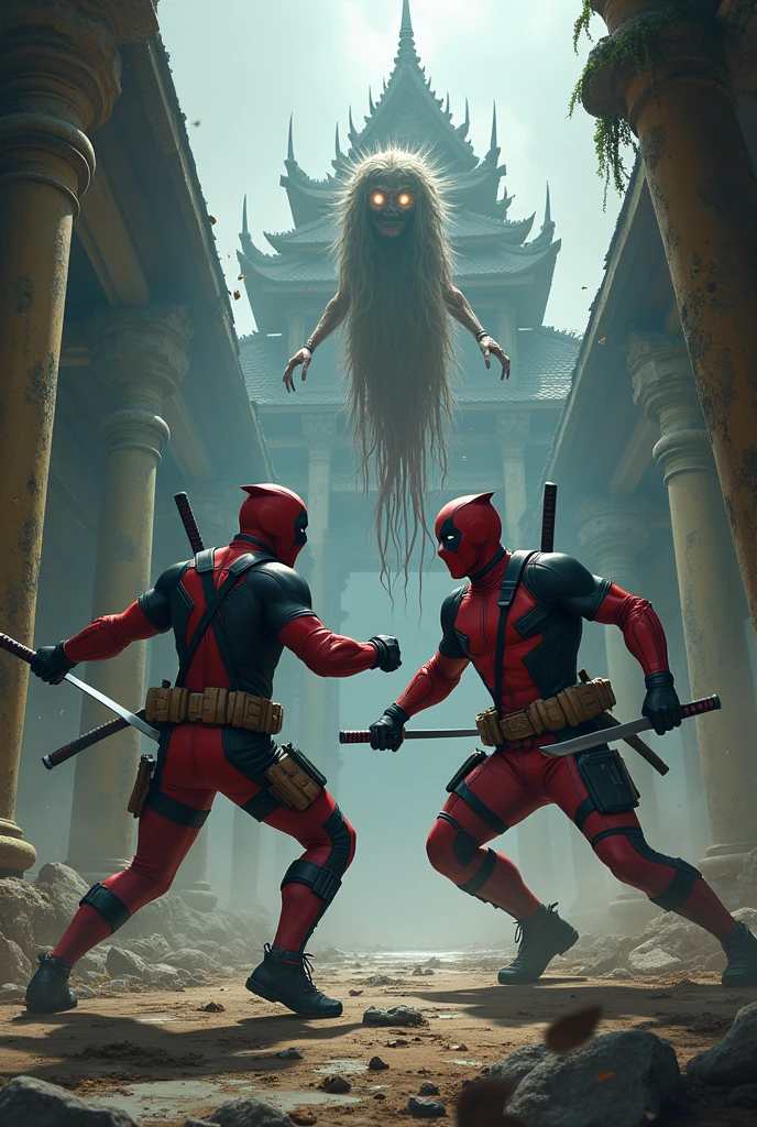 Deadpool fight with กระสือ in broken Thai temple. There is war feeling