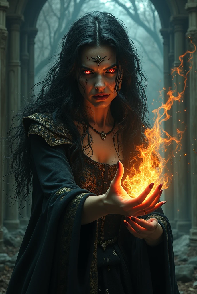 a fearsome evil witch, woman, casting a spell towards the viewer while screaming, glowing eyes, dramatic lighting, dark fantasy, dark magic, occult, chiaroscuro, dramatic pose, intricate details, richly detailed, digital painting, cinematic, 8k, highly detailed, masterpiece