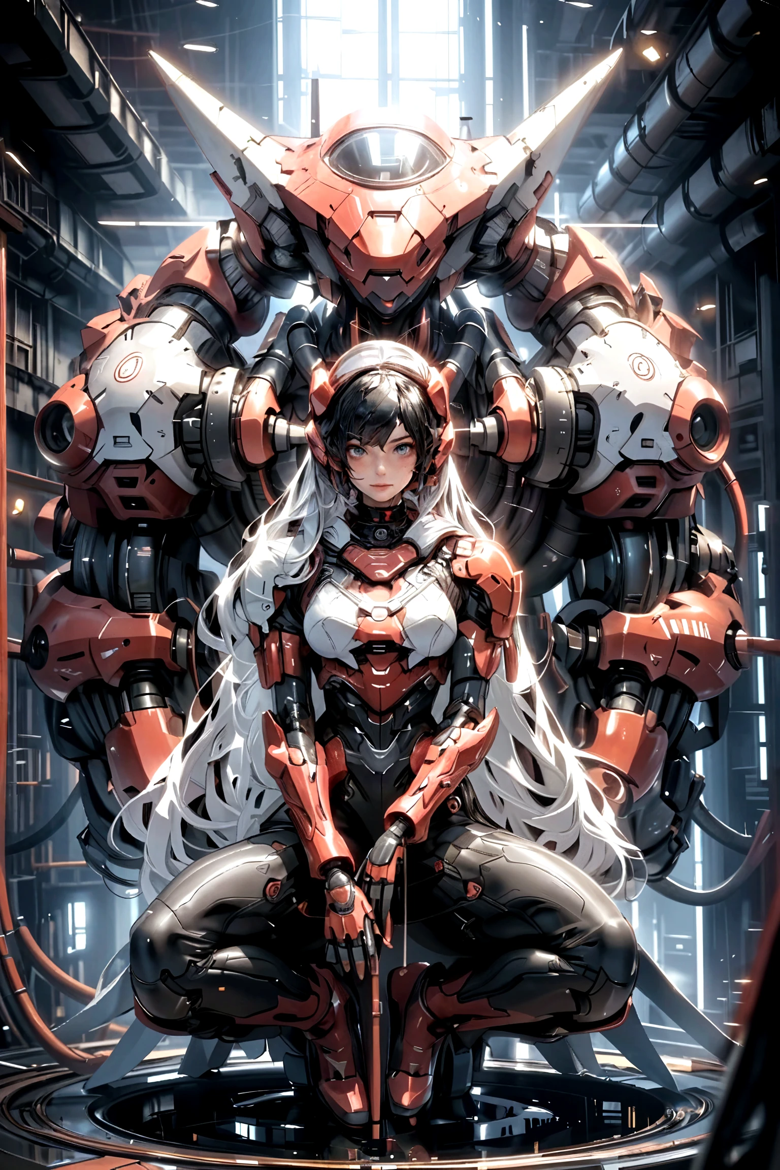 2 female mech pilot in (Red:1.4) armor hugging each other,Lovers hug,