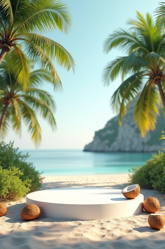 White podium in an island setting with coconut trees in the background and coconuts laying on the ground