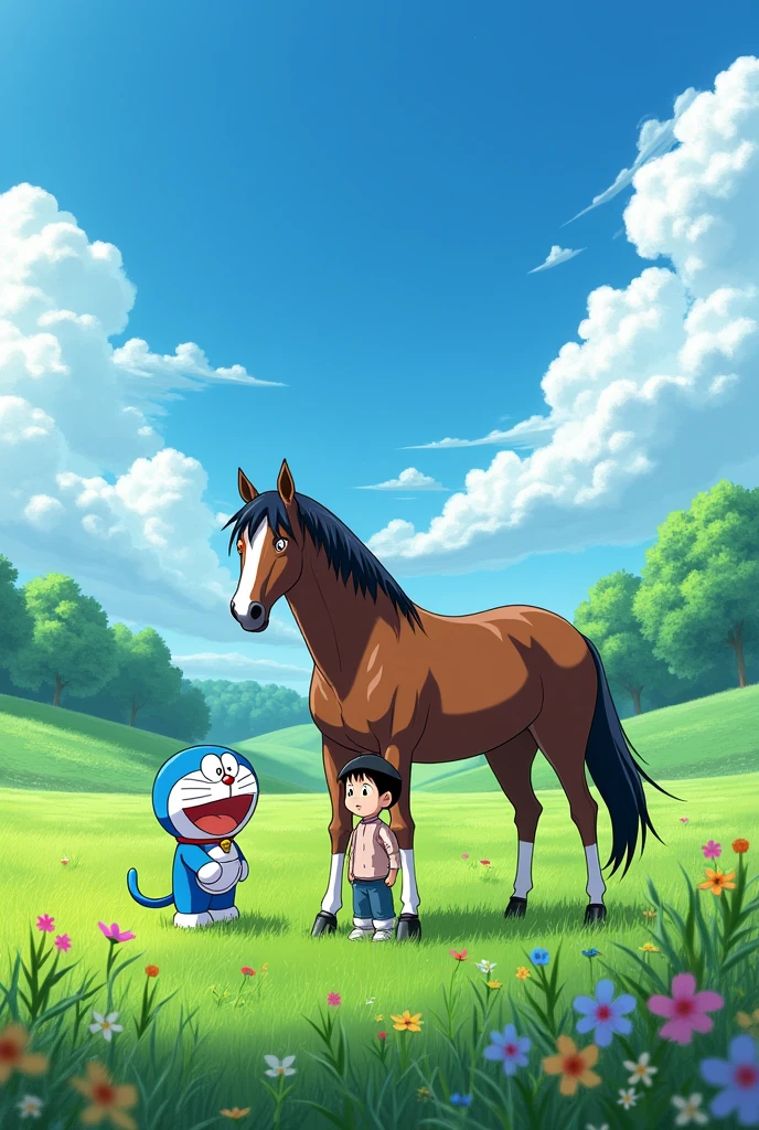 A green grassland where doraemon and nobita is standing with a horsw
