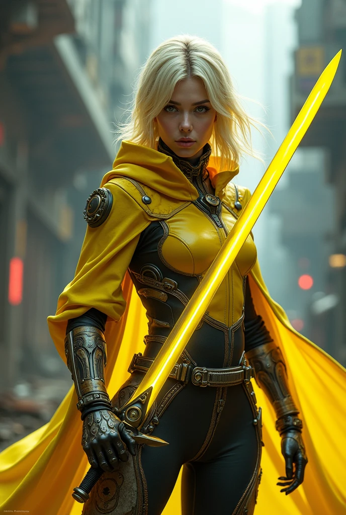 Woman, black eyes,pale yellow hair, cuberpunk pale yellow iron costume, pale yellow sword in hand cuberpunk, cuberpunk pale yellow cloak