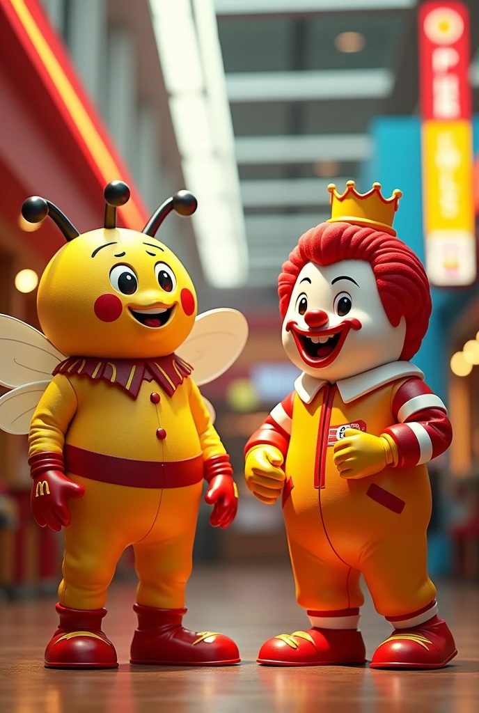 Make a hyper realistic 4D image of  mascote Jollibee, McDonalds,burger king and royal orange drink