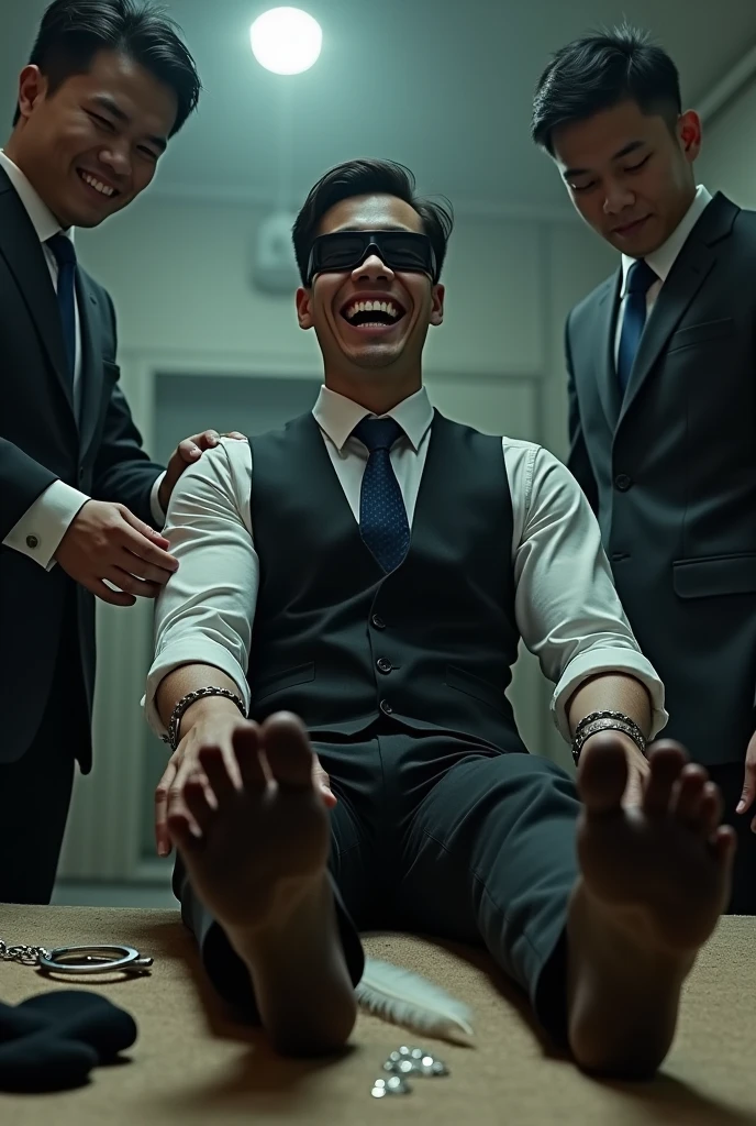 Malaysia malay handsome  23 years  lawyer
He laugh very hard
His hand handcuff in  abondon warehouse 
Blindfolded
handcuff
Black vest Outfit Blue tie
Focus feet on desk
feather duster on desk
Blacksock  on desk
2  evil mafia rub  his feet
