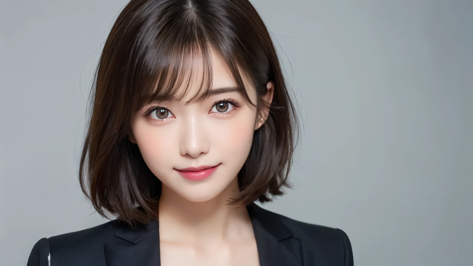 Silver Background, Full body portrait, Looks very happy, smile, One Girl, (Beautiful girl, Delicate girl:1.3), (20-year-old:1.3), (Black Suit), Very beautiful eyes, (Symmetrical eyes:1.3), C cup breasts, Brown eyes, Parted bangs, short hair, (Eye and facial details:1.0), (masterpiece, Highest quality, Super detailed, Detailed face, 8k)
