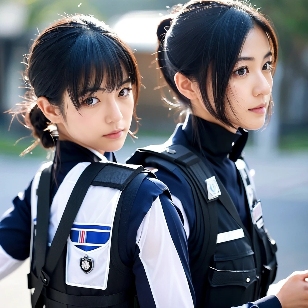 "Action shot of a Japanese female police officer in her 20s, slight asymmetry,heart-shaped face, determined almond eyes, high cheekbones, small nose, full lips pressed in concentration, sleek black hair in a tight bun, wearing a dark blue uniform and bulletproof vest, badge gleaming,Slightly tousled hair"
