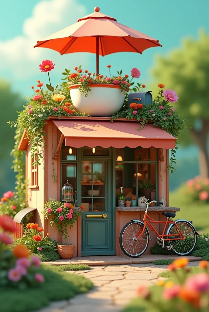 Shop made of coffee cup, sun umbrella, mailbox, bicycle, green space, flowers, commercial photography, C4D, OC, 8K ultra clear