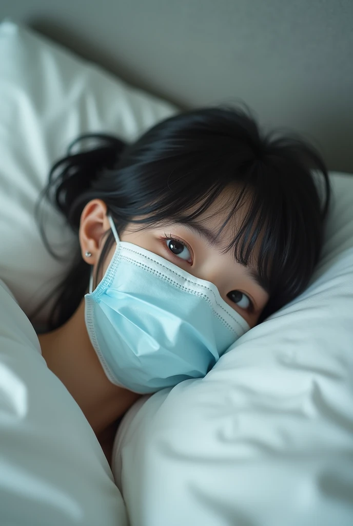 cute japanese girl wearing surgical mask on bed. Photorealism