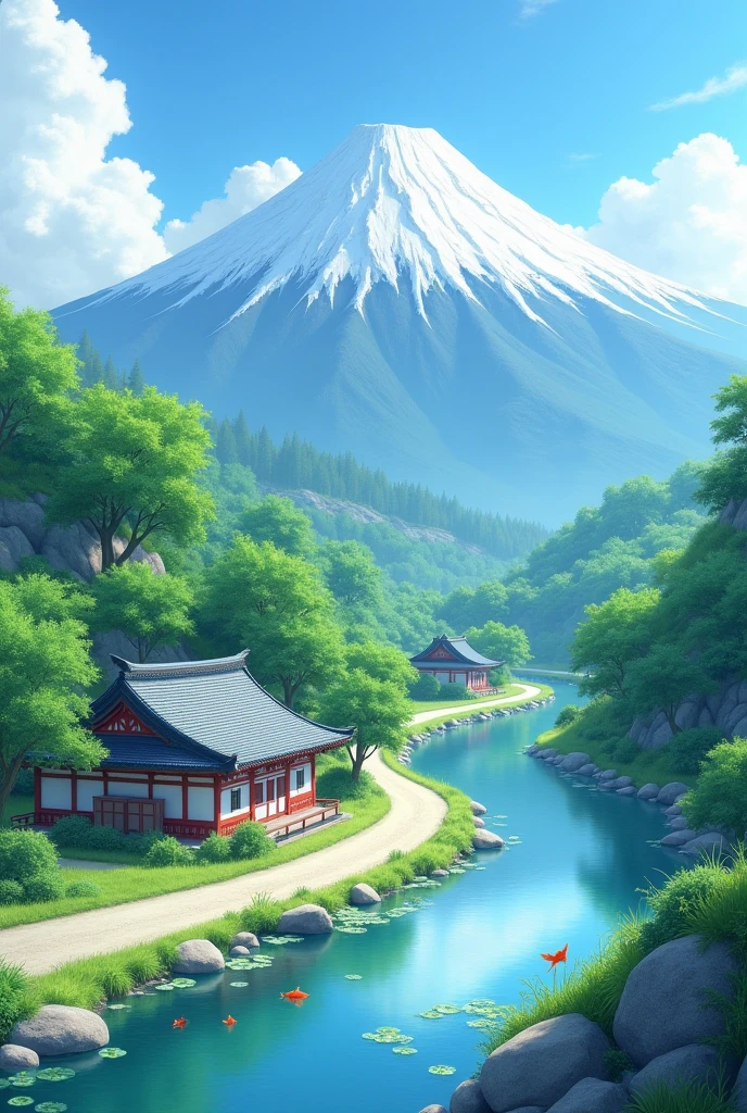 Figure 1 road vanishing point, Mountain View, fish pond, Japanese house