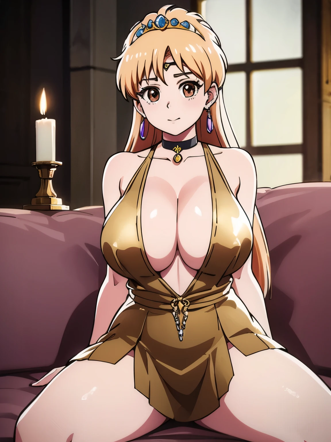 (masterpiece, highest quality:1.2), Ultra-high resolution), RAW Photos, Professional Lighting, Cinema Lighting, (1 girl), Leona, Dragon Quest:dai no daibouken, (blonde, Long Hair, Brown eyes, string tiara, hair ornaments, bangs), (brass Circlet, choker, Earrings, sexy chain mail dress:2.0, Golden collar, golden bracelet, earrings), (((ultra large natural breasts, Super huge tits, Super huge boob, Super huge cleavages))), (ultra realistic & detailed interior of medieval wooden motel in the village, bed, dark atmosphere, night, moon view via window, candle), (Ultra Slim Waist, Ultra slim model body style), Highly detailed face, Highly detailed eyes, standing, full body shot, (sitting on couch, spreading legs widely to viewer:1.5), 