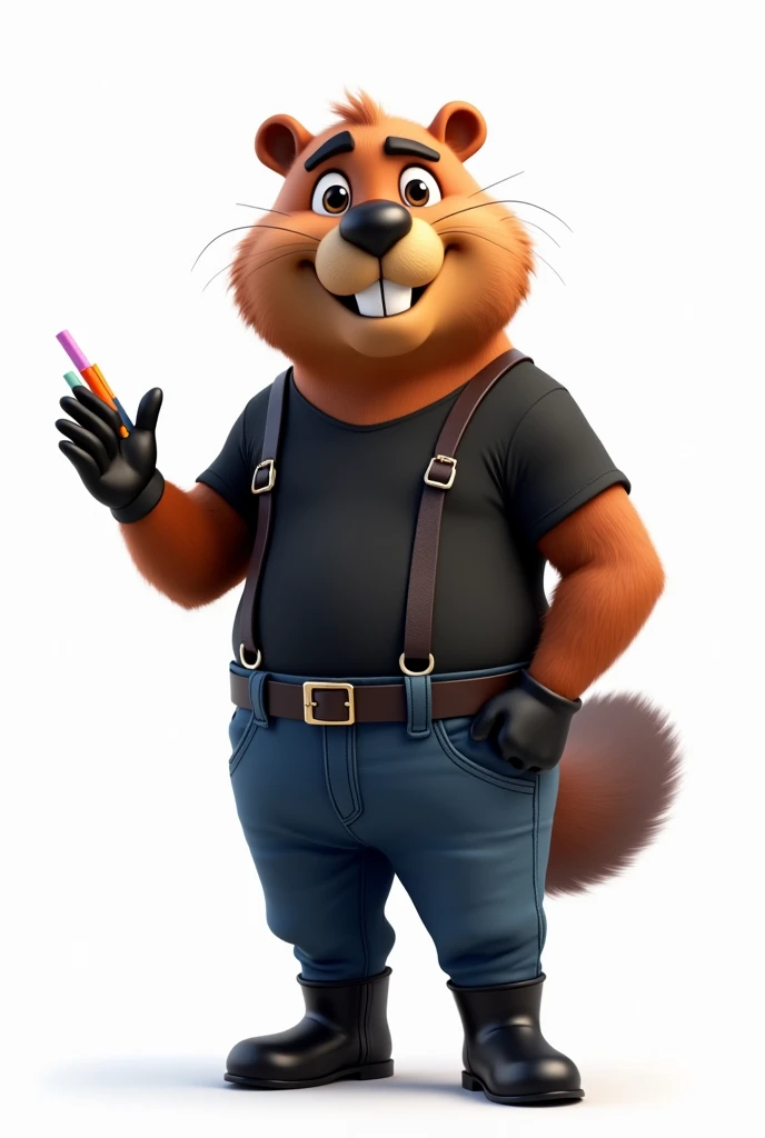 Create 2 options of corporate image of an animated beaver , that is standing in front,  that he is dressed in a dark black collarless t-shirt, and a pair of dark blue strapless jeans, black engineer type boots and the t-shirt is dressed, with strap, that looks like an engineer, that in his left hand he holds some cut tubes of various colors, and with his right hand raised greeting, that has a white background, and his expression is calm and with his mouth half open