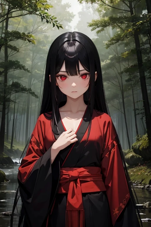 Girl doll, black hair, long hair, small chest, red eyes, black kimono, expressionless, dark night, nature, forest, Sanzu River, fog, afterlife