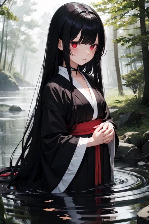 Girl doll, black hair, long hair, small chest, red eyes, black kimono, expressionless, dark night, nature, forest, Sanzu River, fog, afterlife