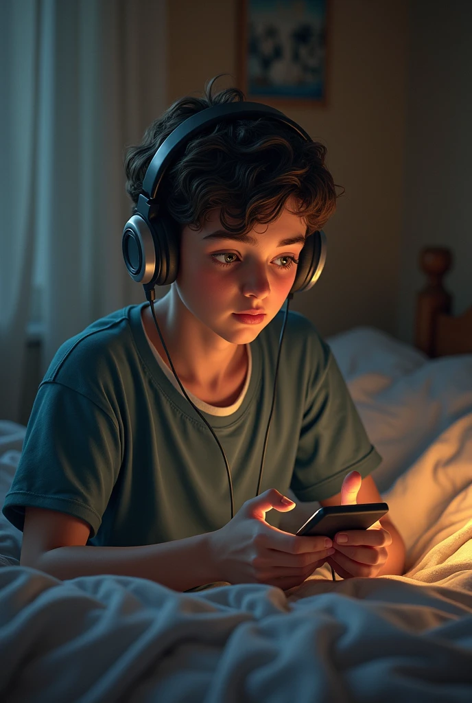 an american adult boy is listing to music 
