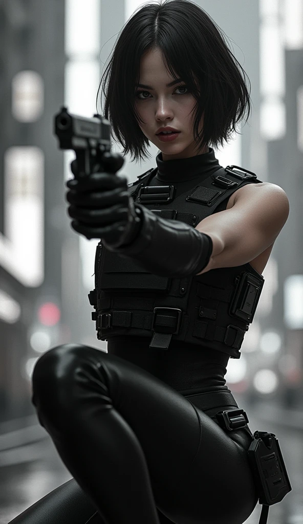 (masterpiece,Distinguished Quality,Mirror-like,Cinematic Experience,insanely detailed,absurdres),8k,wallpaper,,(Best illustrations:2.0),(One Woman:2.0),(Kitana:2.0),(Ghost in the Shell-style worldview:2.0),(Black tactical bodysuit:2.0),(Heavy black bulletproof vest:2.0),(Black gloves:2.0),(Short Bob:2.0),(Beautiful Eyes),(Detailed face),(Detailed female hand drawing:2.0),(sexy:2.0),(He kneels down and aims a pistol at me.:2.0),(Raise your right knee:2.0),(The background is Tokyo, where science and technology have developed.:2.0),(The background is drawn in monochrome:2.0),(sf:2.0)、A black suit that shows off your body lines、Cleavage, huge breasts