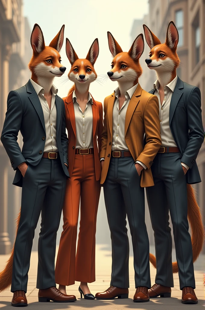 Four animals, 1 female and 3 males, dressed in fashionable trousers and a fashionable shirt, all together