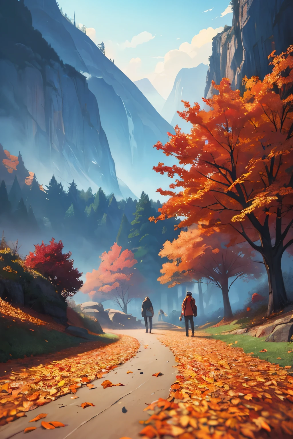Fallen leaves on the path in the mountains, Atey Ghailan 8 K, inspired by Sylvain Sarrailh, Makoto Shinkai Cyril Rolando, concept art wallpaper 4K, digital painting concept art, Cyril Rolando and Goro Fujita, inspired by Atey Ghailan