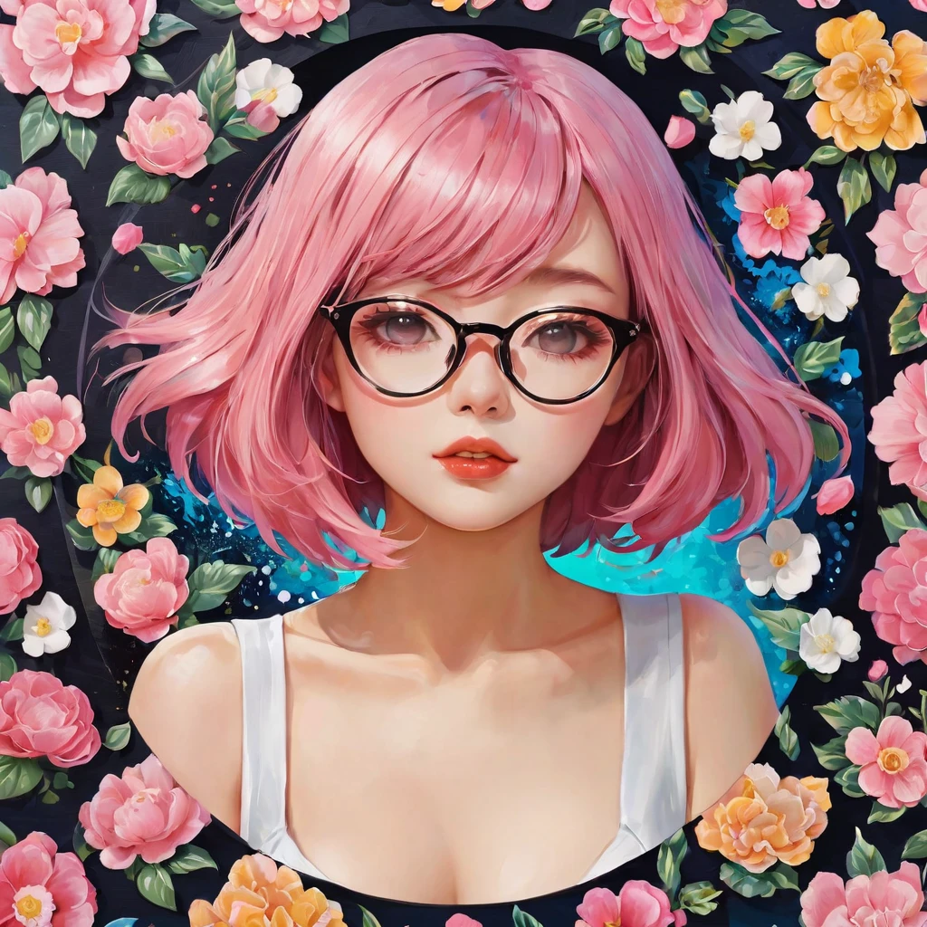 (Stickers,),(3d anime girl),dress, Elegant,Beautiful Face,Pink Hair,Short Bob,Wavy Hair,Round Glasses,(On a circular background), (Pollock Border)(Oil painting style), Super detailed, Highest quality, Detail view, Vectorized, 8k, 专业Stickers设计, graphic design, Vector line, Stickers, Full HD