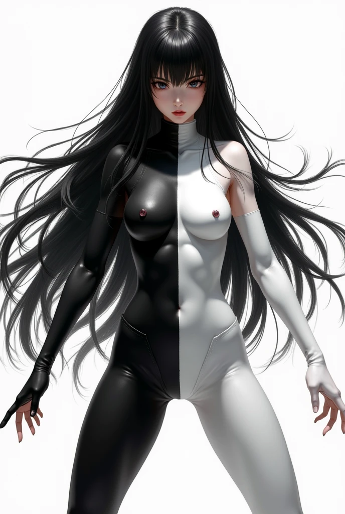 full body display、One woman、2、Japanese、Long black hair、With bangs、体のThe right half is whiteのボディペイントしている、The left half of the body is painted black.、The right half is white、The left half is wearing black clothing.、Striking a combative pose、