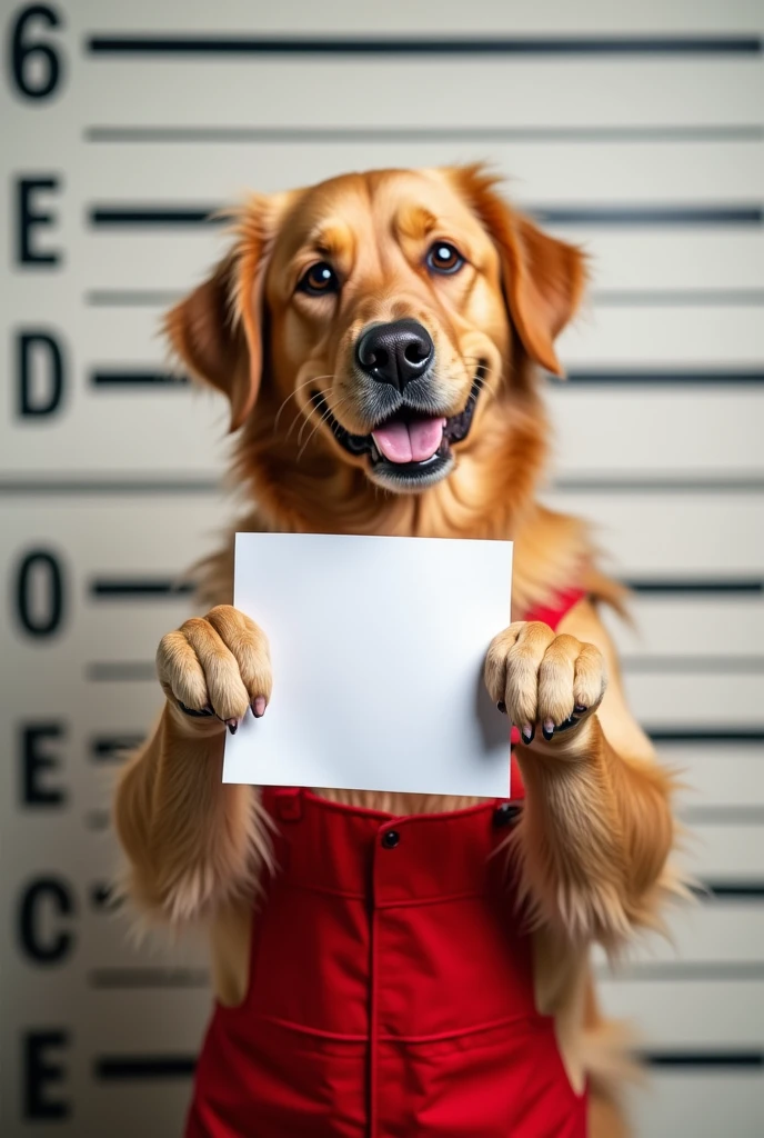 golden retriever in red overalls taking photo sideways holding paper in police mugshot