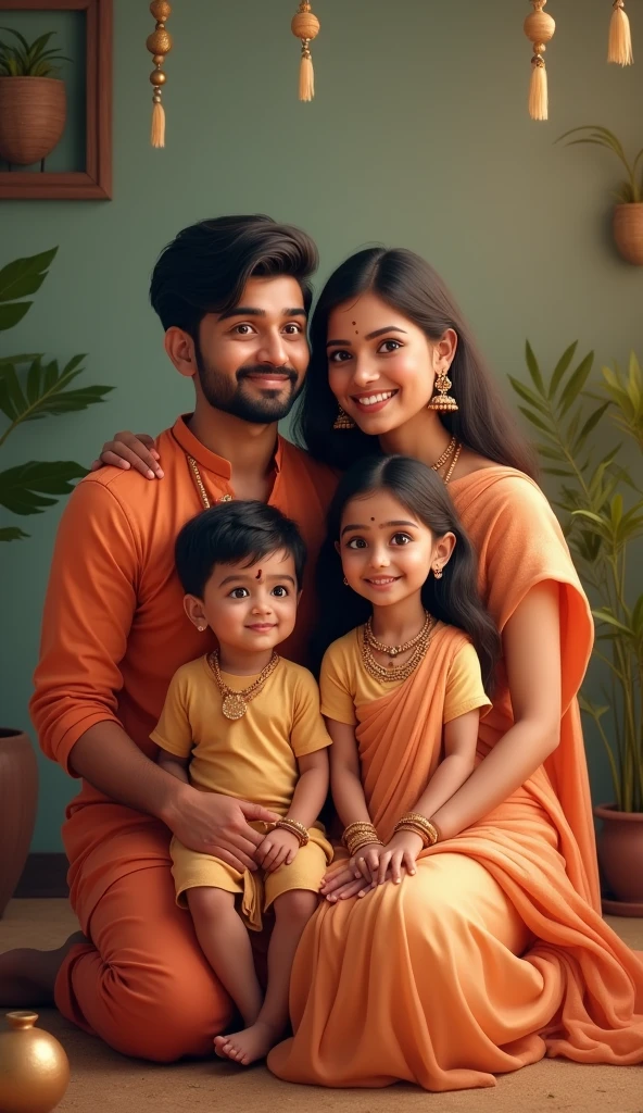 அழகான இந்திய குடும்பம் , தாய் தந்தை மகன் மற்றும் மகள் , இரு குழந்தைகள்