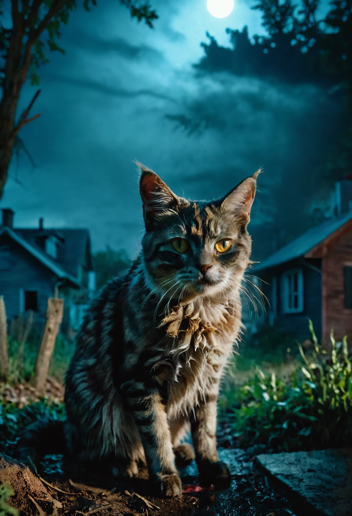 A zombie cat , very detailed, photorealistic, night in the pet sematary, creepy atmosphere, Cinematic, Masterpiece, landscape 16/9, dramatic shadow evocative analog film noise, half body portrait, cinematic, movie still, captured in the style of Sony Alpha A7 III camera