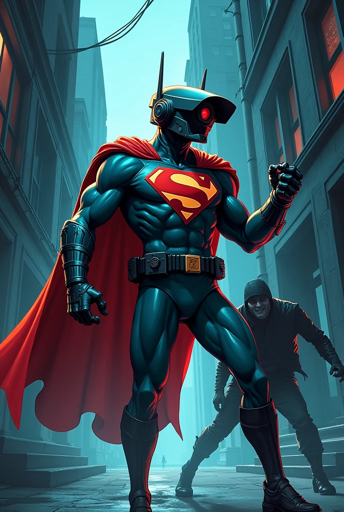 Create a picture of a surveillance camera in a superhero costume stopping a thief