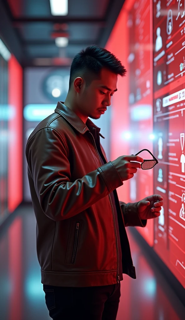 A handsome 40 year old Indonesian man, neat short hair, fat, wearing a brown leather jacket and black pants.interact with a futuristic digital screen showing images of men and women.The screen has holographic elements and red light.. the man is holding futuristic glasses, with a background full of technology icons. very real, IN