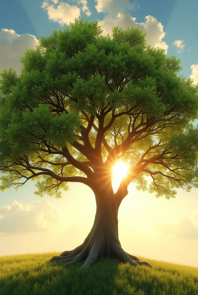 Ending Scene:** A grown tree with strong branches and leaves in full bloom, symbolizing the young man's success and growth. The sun shines brightly in the background, illuminating the tree.