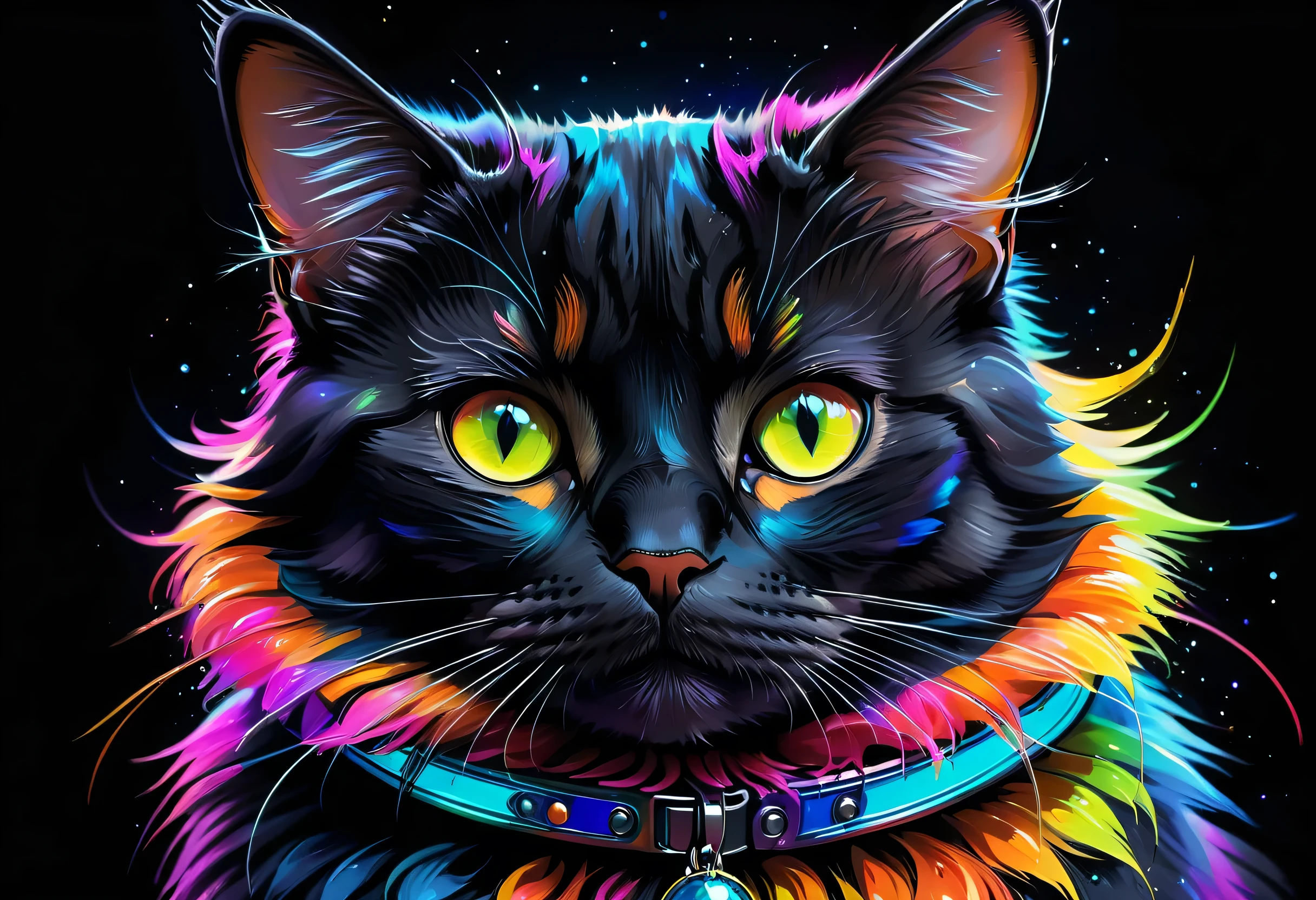painting of a Cat with a colorful collar and a black background, Cat. Digital Painting, beautiful neon Cats, beautiful Cat, Very very beautiful furry art, Cat portrait, Colourful and detailed, awesome Cat, in a painting of a Cat, space Cat, Detailed painting 4k, Cat from the void, a painting of a Cat, Cat detailed