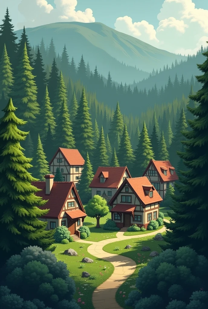 Un petit village paisible entouré par une grande forêt dense. Les maisons sont simples, et la forêt semble lointaine, avec des arbres imposants en arrière-plan.