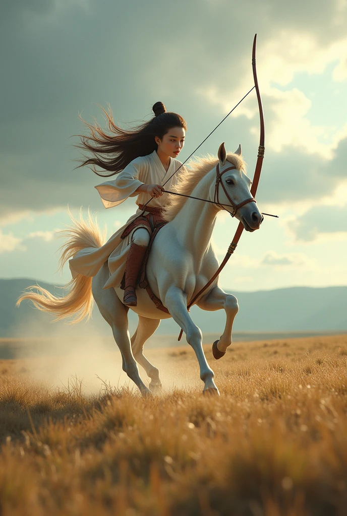 Beautiful Centaur Girl、Baby Face、Japanese、A large and practical bow、Running through the steppes、Dynamic composition、Cinematic lighting