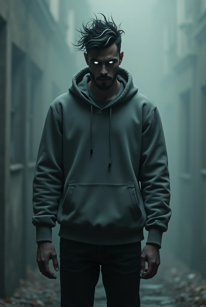 a tall muscular man, short wavy yet spiky messy hair, hair color black with white streaks, deep toned skin, with glowing white eyes, wearing a Grey hoodie, (gothic style:1.2) . mysterious, haunting, dramatic, (minimal, ornate), aesthetic, eerily beautiful, dark surrealism, best quality