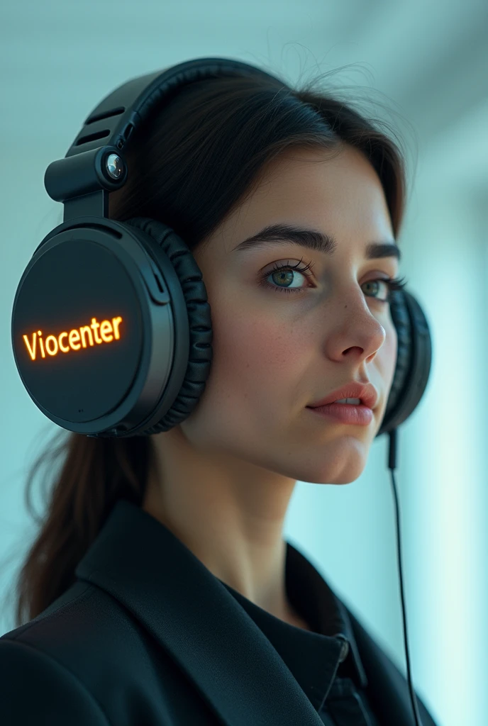 A young woman with large headphones and placing the word VIOCENTER on the headphones to make an impact since she is an energy consultant with a photo of a light bulb in the corner of the image